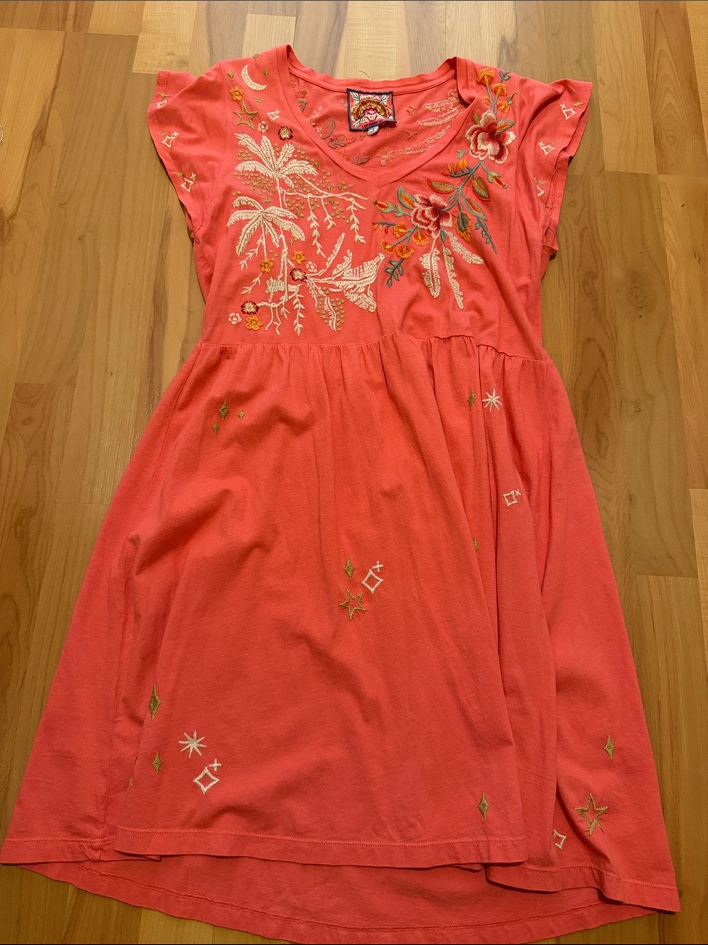 Johnny Was Coral Embroidered V-Neck Casual Dress